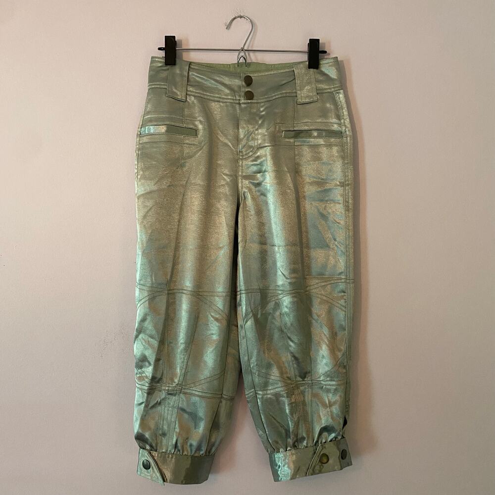 NWT Free People Green Shimmer Cropped Capri Pants Baggy Women's size 2